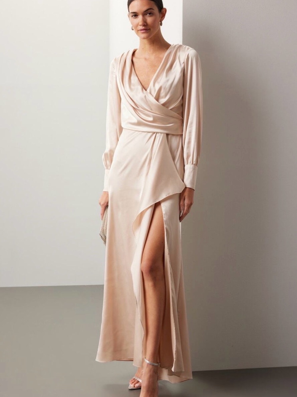 Ieena for Mac Duggal Champagne Dress - Satin, Formal, Floor Length, Slit Holiday
